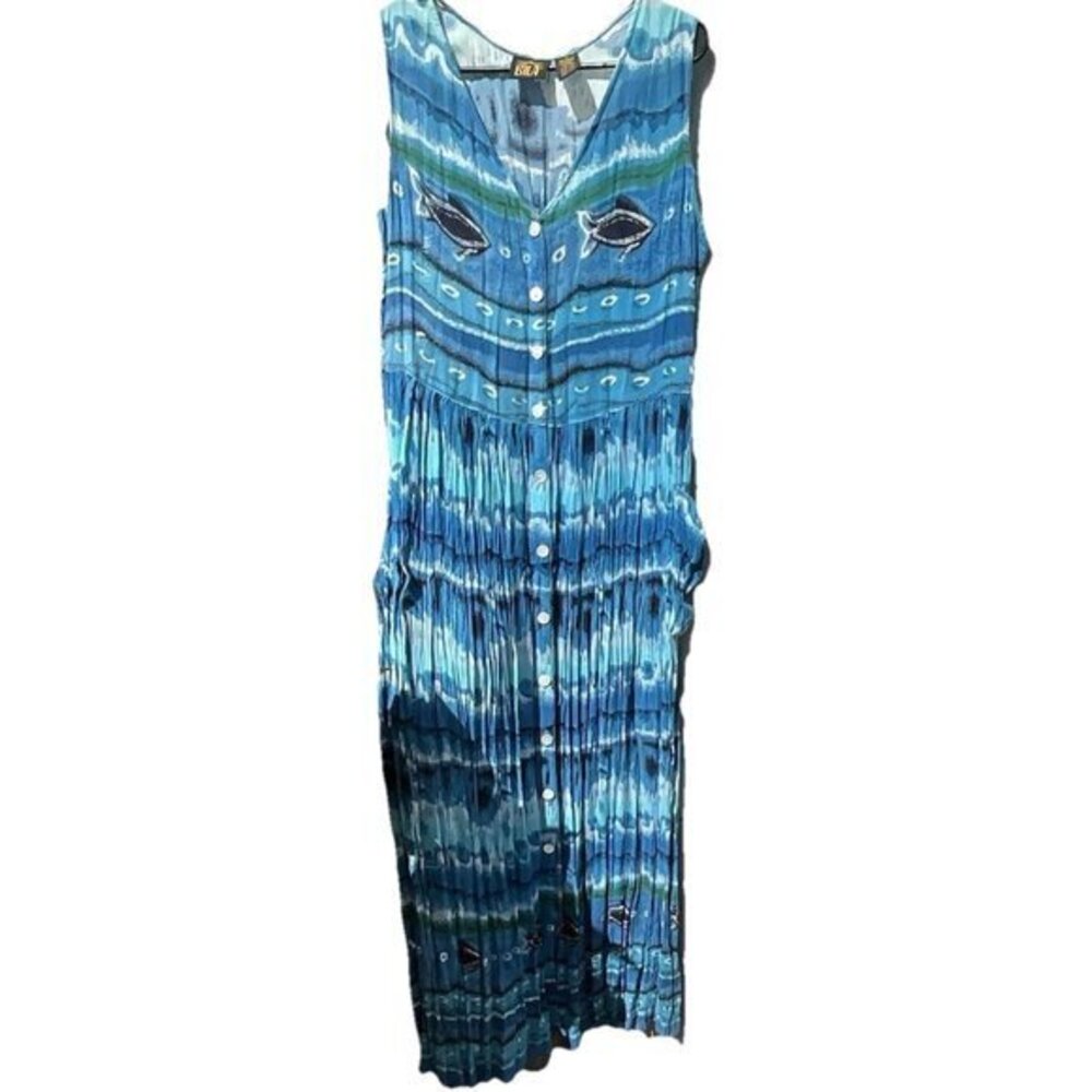 Vintage Bila California Blue Sea Life Maxi Dress Women's Sz M 90s Pockets